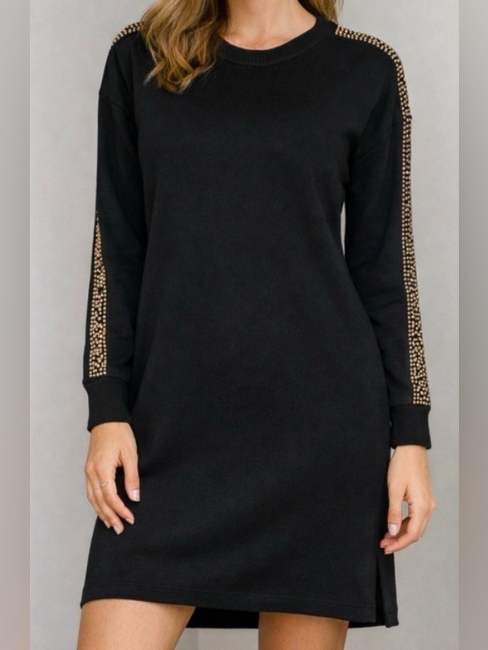 Calvin Klein Black Mini Sweater Dress with Gold Stud Trim